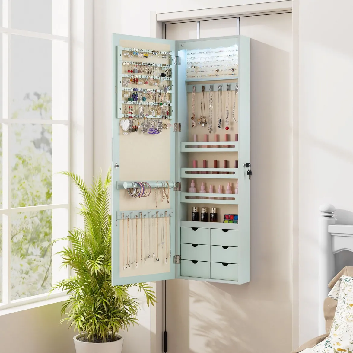 Schmuckschrank mit LED Abschließbarer Wand-/Türschmuckschrank mit Spiegel & 6 Schubläden Grün