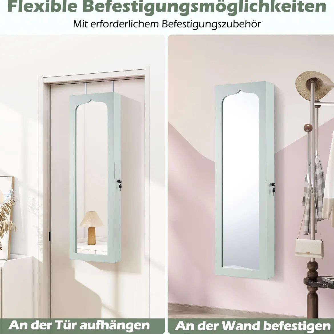 Schmuckschrank mit LED Abschließbarer Wand-/Türschmuckschrank mit Spiegel & 6 Schubläden Grün