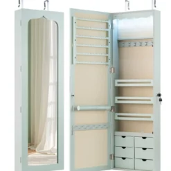 Schmuckschrank mit LED Abschließbarer Wand-/Türschmuckschrank mit Spiegel & 6 Schubläden Grün
