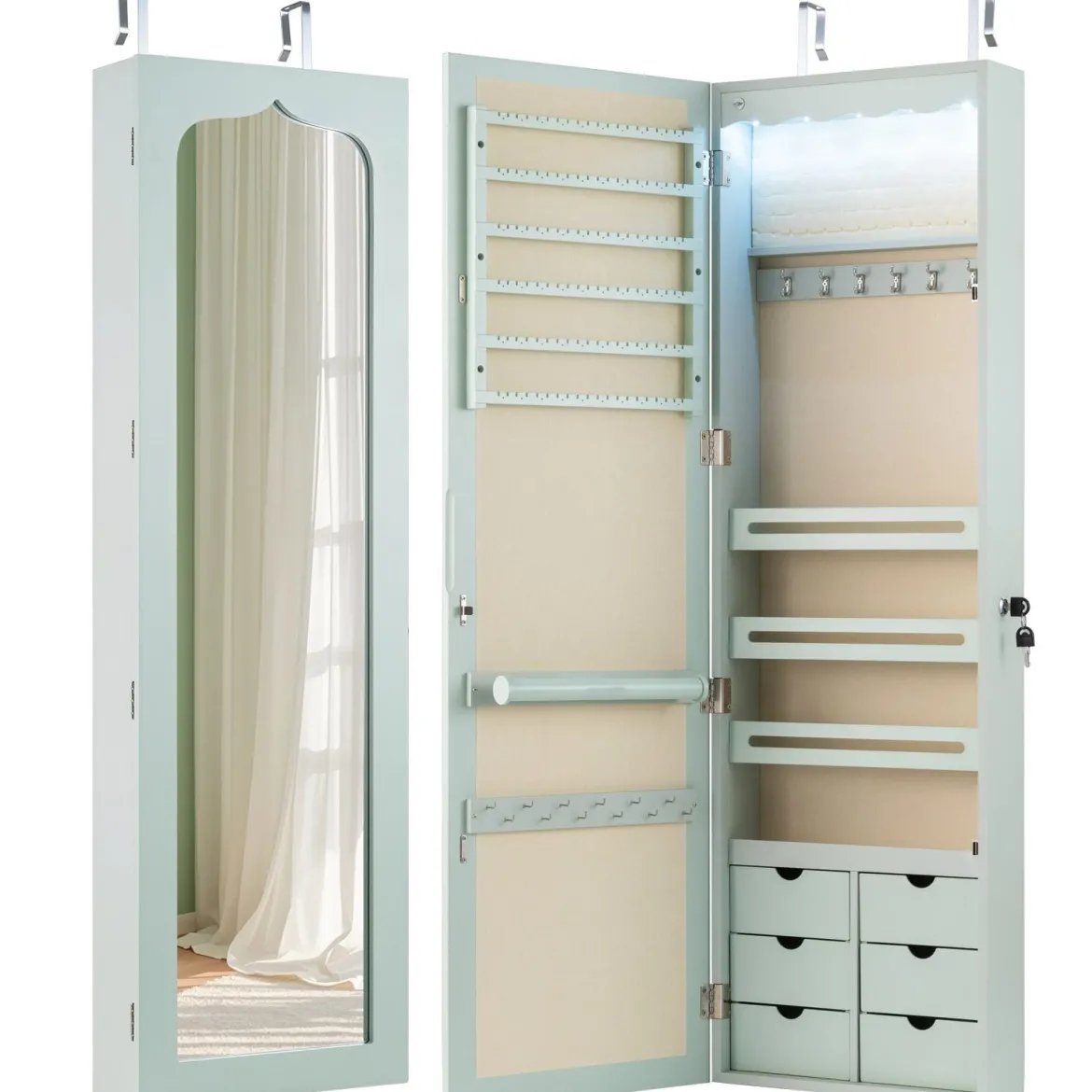 Schmuckschrank mit LED Abschließbarer Wand-/Türschmuckschrank mit Spiegel & 6 Schubläden Grün