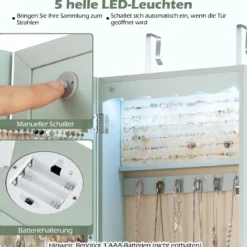 Schmuckschrank mit LED Abschließbarer Wand-/Türschmuckschrank mit Spiegel & 6 Schubläden Grün