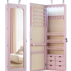 Schmuckschrank mit LED Abschließbarer Wand-/Türschmuckschrank mit Spiegel & 6 Schubläden Rosa