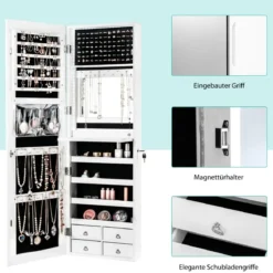 Schmuckschrank mit LED Beleuchtung Schmuckregal mit Ganzkörperspiegel Weiß