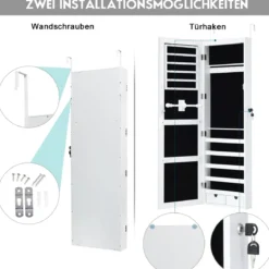Schmuckschrank mit 15 LED Leuchten & Ganzkörperspiegel & Tür- / Wandmontage Weiß