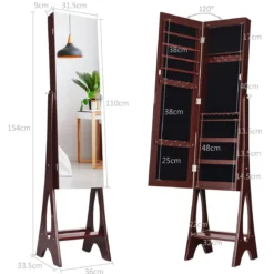 Schmuckschrank mit 12 LEDs Standspiegel 2 in 1 Ganzkörperspiegel 36 x 33,5 x 154 cm Braun