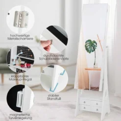 Schmuckschrank mit Spiegel & Beleuchtung Schmuck Spiegelschrank mit Schubladen und klappbaren Ablage Weiß