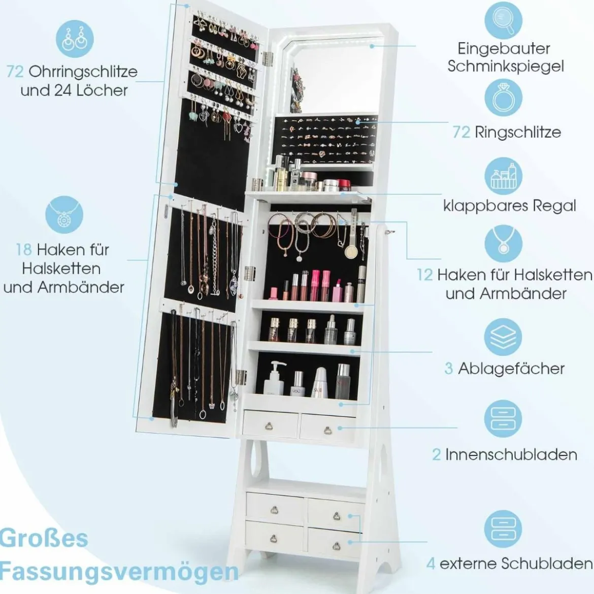 Schmuckschrank mit Spiegel & Beleuchtung Schmuck Spiegelschrank mit Schubladen und klappbaren Ablage Weiß