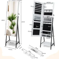 Schmuckschrank mit Spiegel & 3-farbigen LED Beleuchtung 41,5 x 37 x 157 cm Weiß