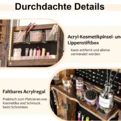 Schmuckschrank mit Spiegel & 3-farbigen LED Beleuchtung 41,5 x 37 x 157 cm Rustikales Braun