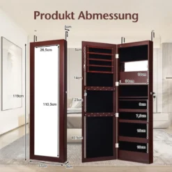 Schmuckschrank mit Spiegel Kosmetikschrank mit ausgekleideten Ablagen Haken & Fächern