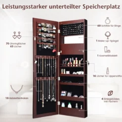 Schmuckschrank mit Spiegel Kosmetikschrank mit ausgekleideten Ablagen Haken & Fächern