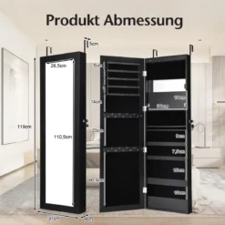 Schmuckschrank mit Spiegel Kosmetikschrank mit ausgekleideten Ablagen Haken & Fächern