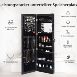 Schmuckschrank mit Spiegel Kosmetikschrank mit ausgekleideten Ablagen Haken & Fächern