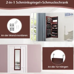 Schmuckschrank mit Spiegel Kosmetikschrank mit ausgekleideten Ablagen Haken & Fächern