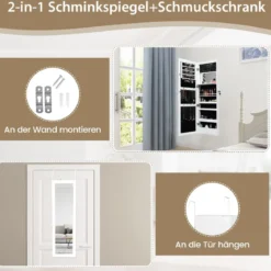 Schmuckschrank mit Spiegel Kosmetikschrank mit ausgekleideten Ablagen Haken & Fächern