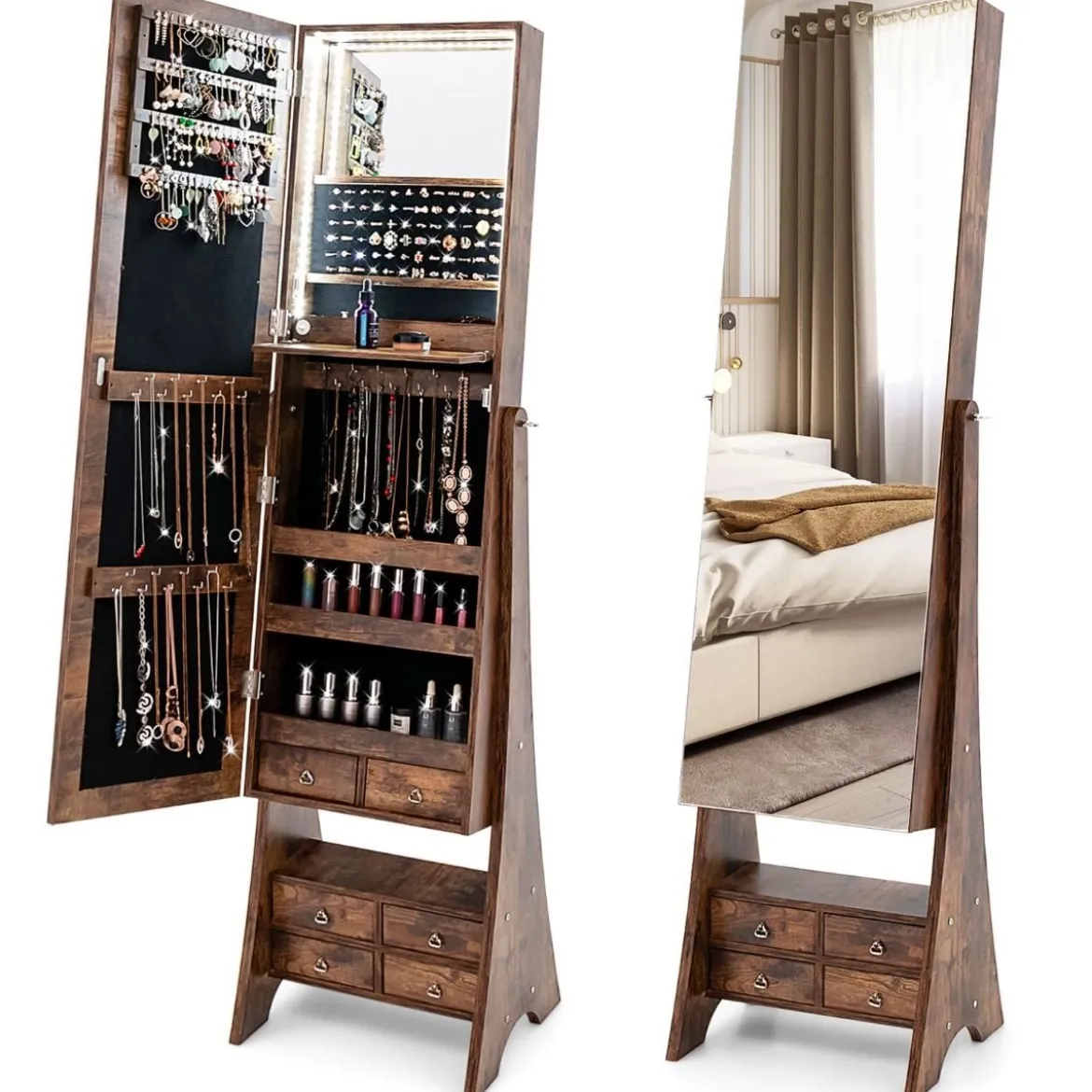 Schmuckschrank mit Spiegel mit Beleuchtung Schmuck Spiegelschrank Braun/Weiß