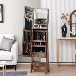 Schmuckschrank mit Spiegel mit Beleuchtung Schmuck Spiegelschrank Braun/Weiß