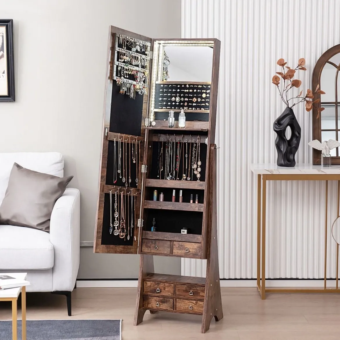 Schmuckschrank mit Spiegel mit Beleuchtung Schmuck Spiegelschrank Braun/Weiß