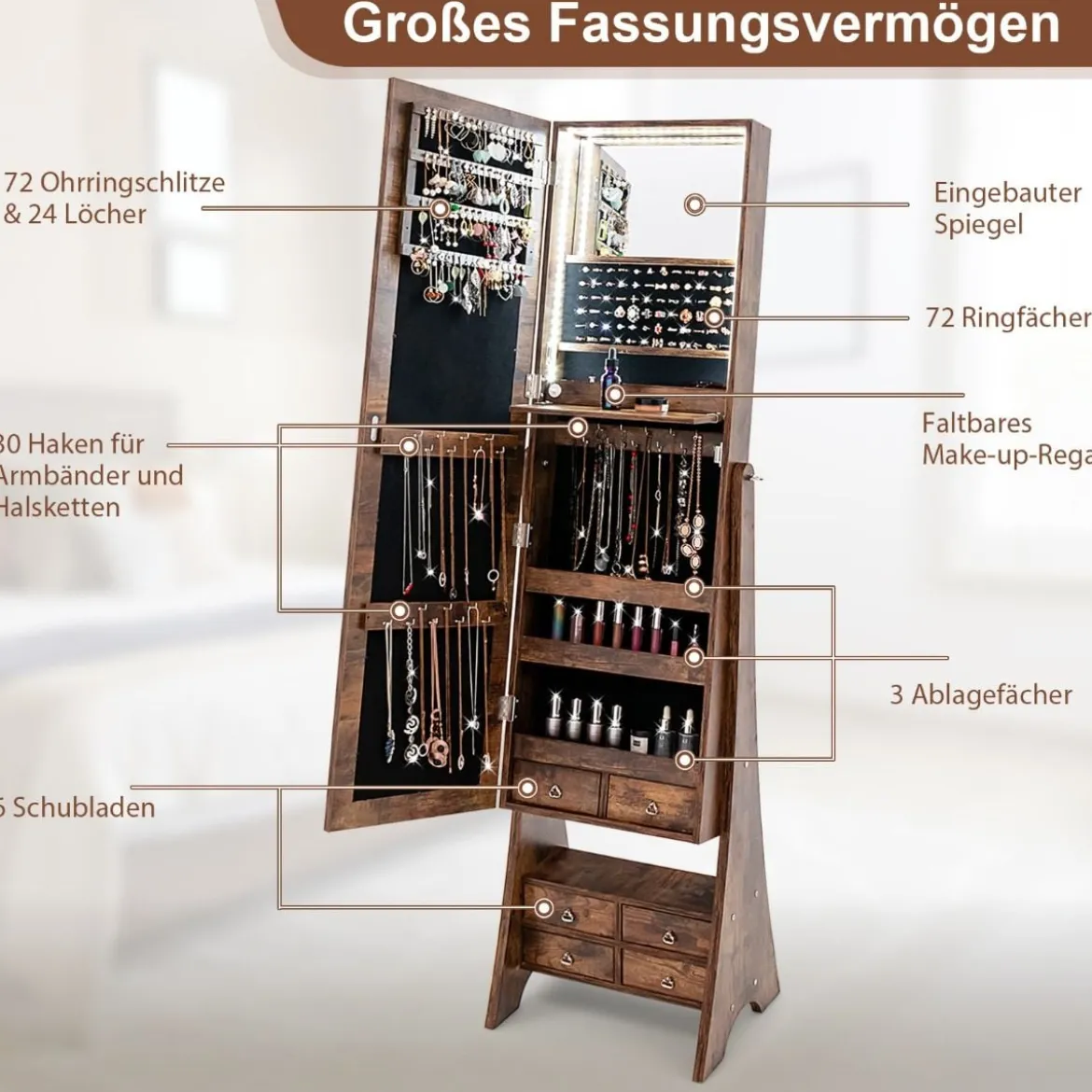 Schmuckschrank mit Spiegel mit Beleuchtung Schmuck Spiegelschrank Braun/Weiß