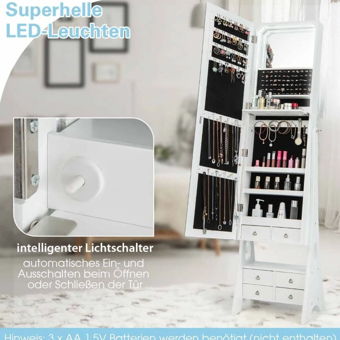 Schmuckschrank mit Spiegel mit Beleuchtung Schmuck Spiegelschrank Braun/Weiß