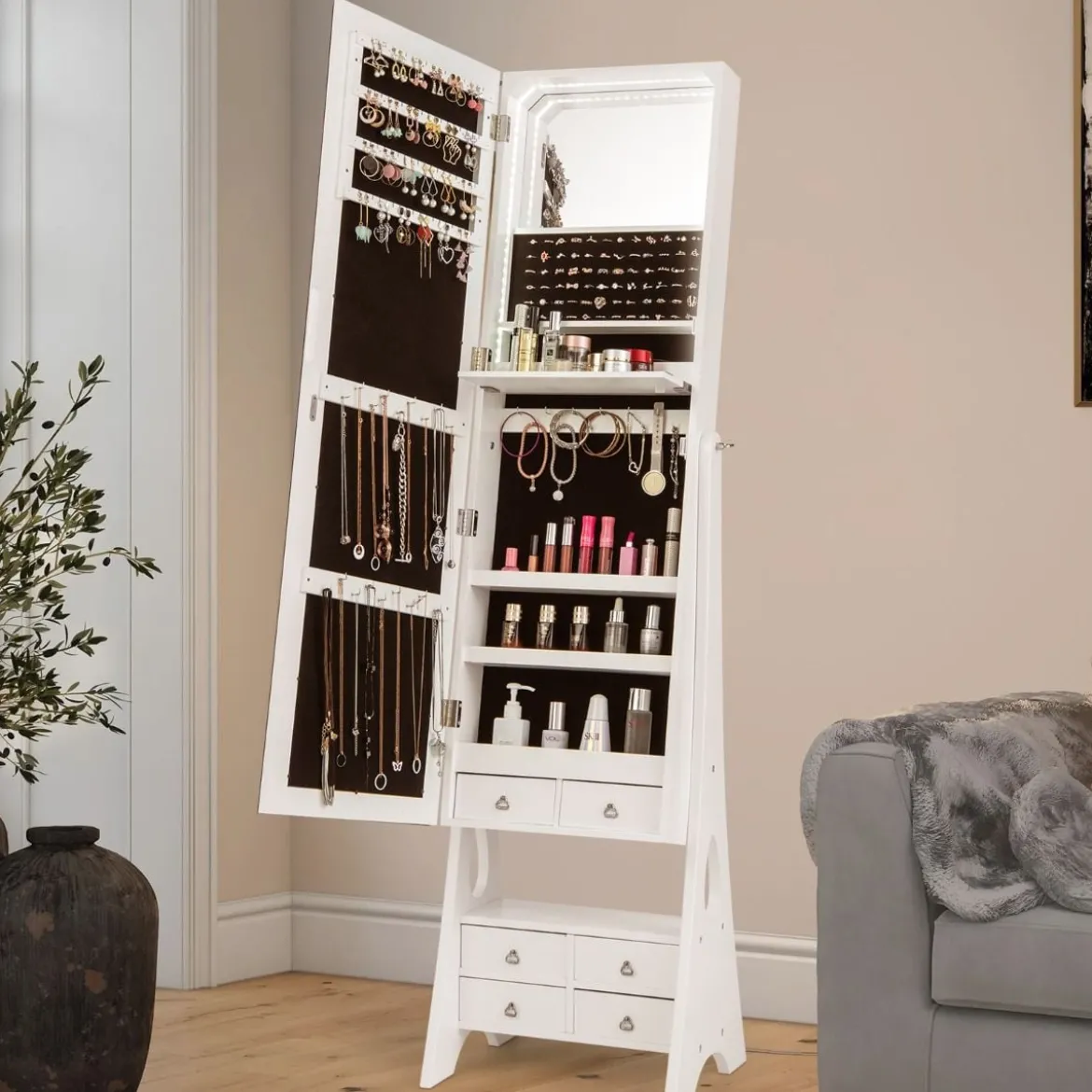 Schmuckschrank mit Spiegel mit Beleuchtung Schmuck Spiegelschrank Braun/Weiß