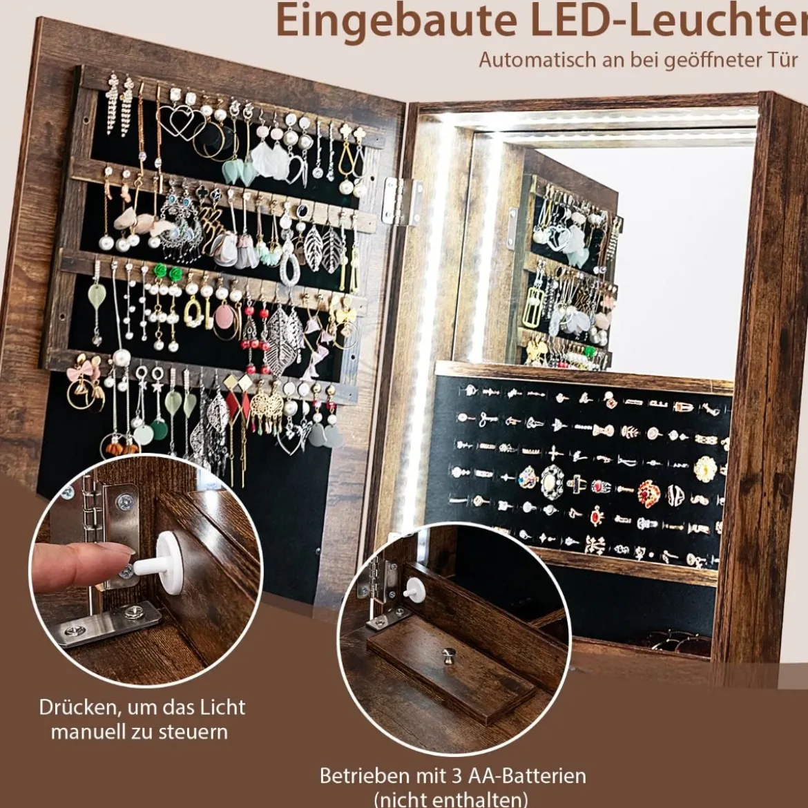 Schmuckschrank mit Spiegel mit Beleuchtung Schmuck Spiegelschrank Braun/Weiß