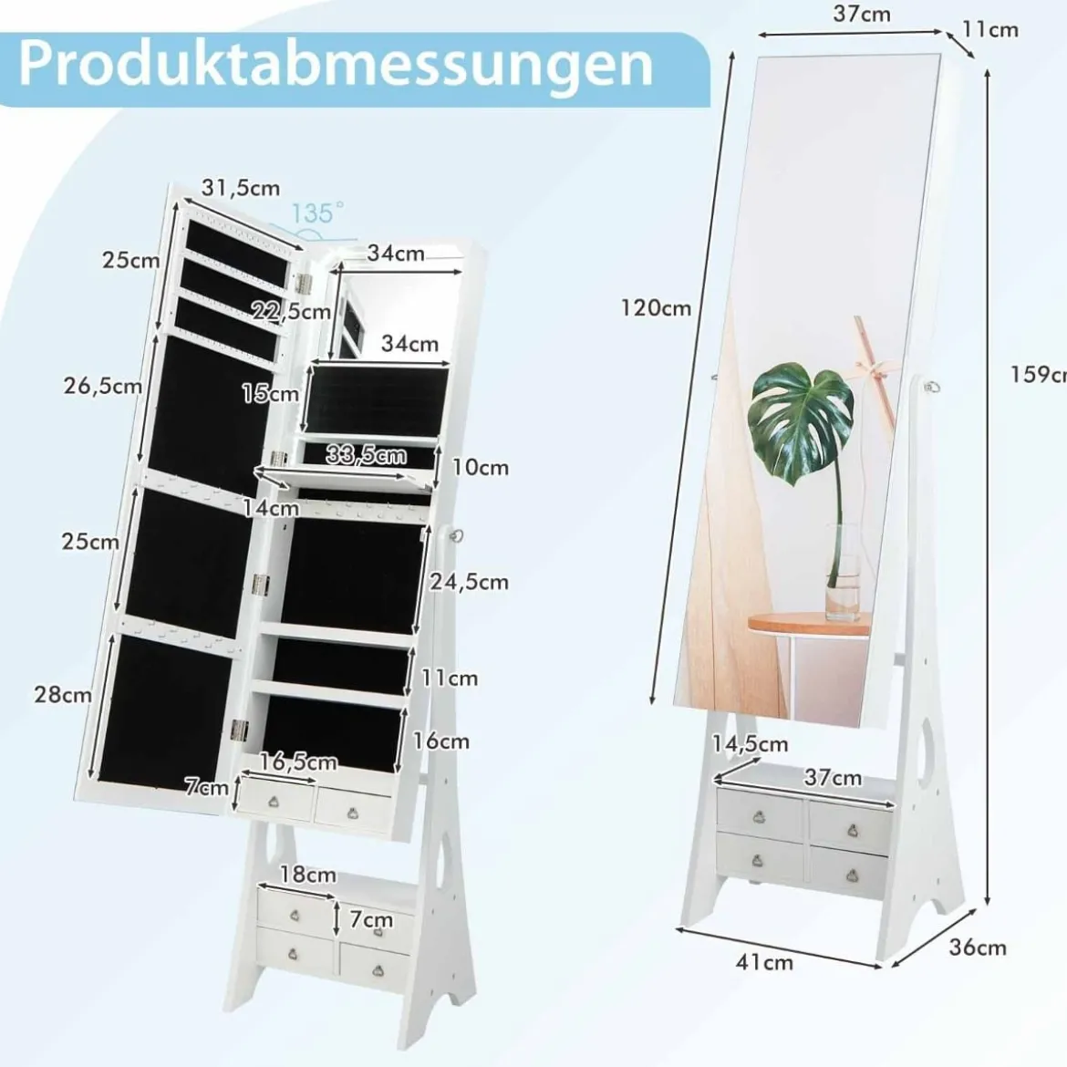 Schmuckschrank mit Spiegel mit Beleuchtung Schmuck Spiegelschrank Braun/Weiß