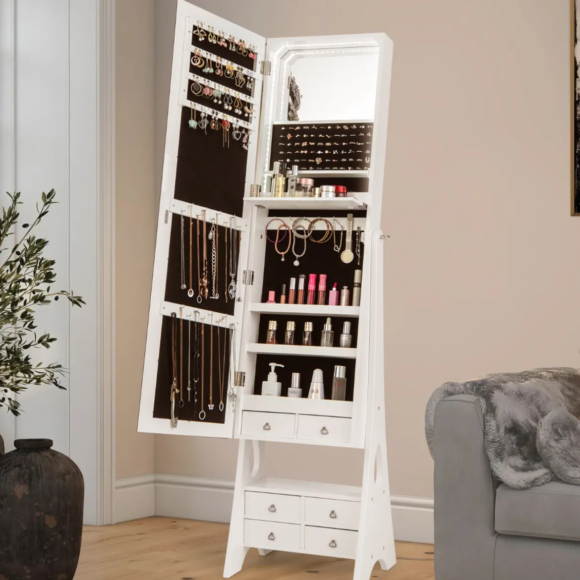 Schmuckschrank mit Spiegel mit Beleuchtung Schmuck Spiegelschrank Braun/Weiß