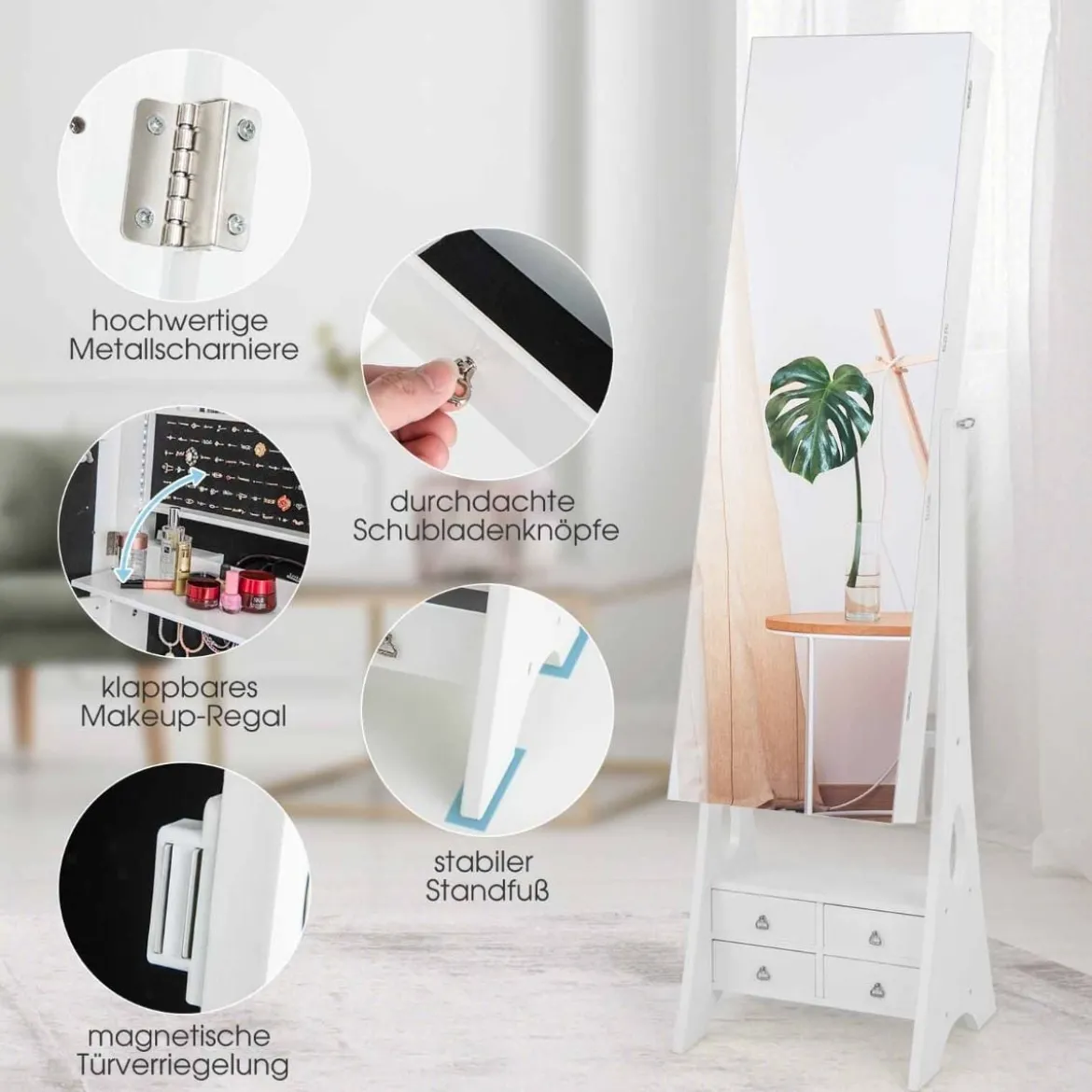Schmuckschrank mit Spiegel mit Beleuchtung Schmuck Spiegelschrank Braun/Weiß