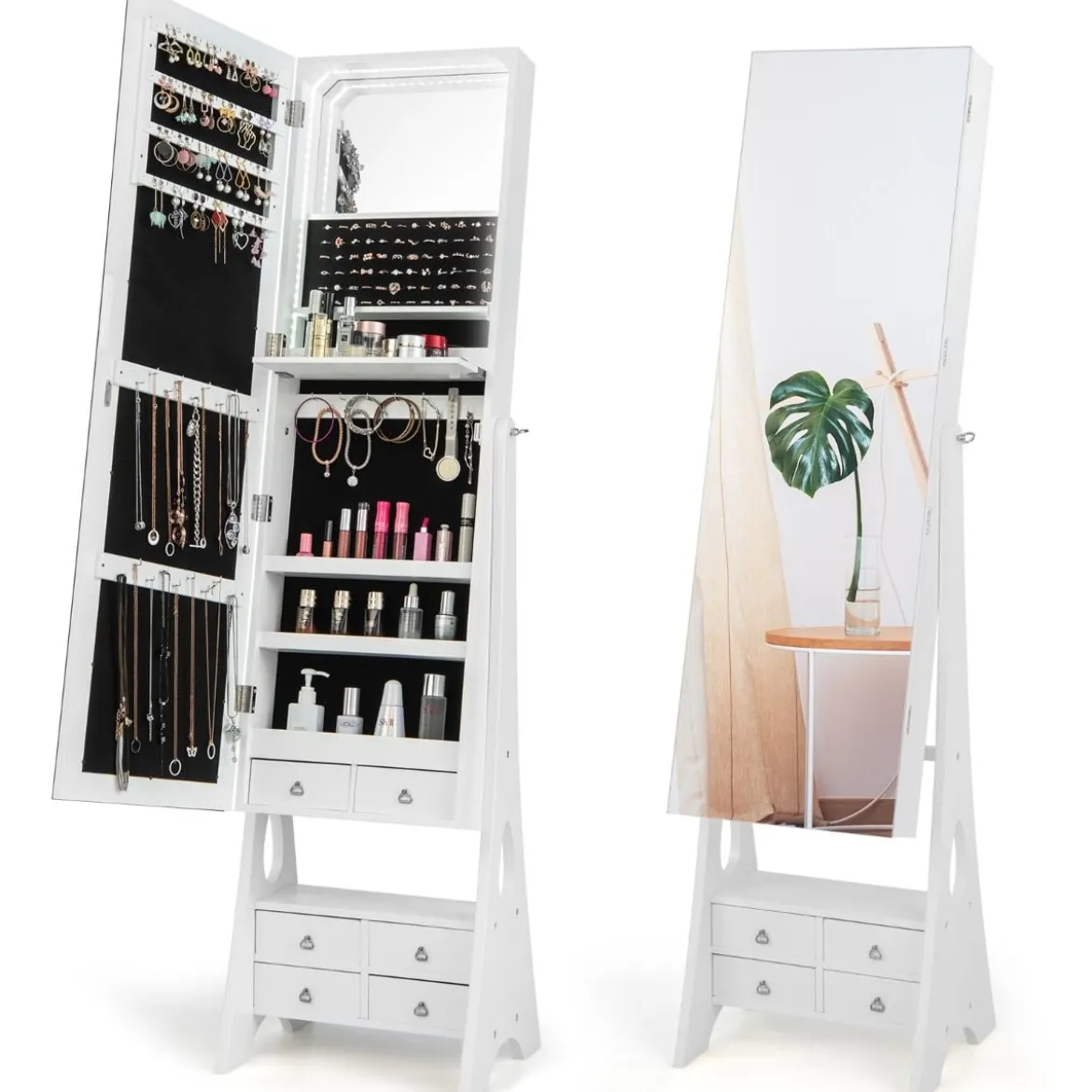 Schmuckschrank mit Spiegel mit Beleuchtung Schmuck Spiegelschrank Braun/Weiß