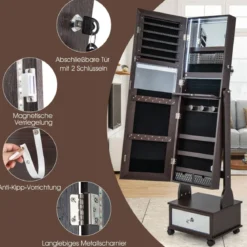 Schmuckschrank mit 3 Spiegeln & Schublade & Rollen & Leuchten Schmuckspiegel Braun