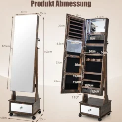 Schmuckschrank mit 3 Spiegeln & Schublade & Rollen & Leuchten Schmuckspiegel Rustikales Braun