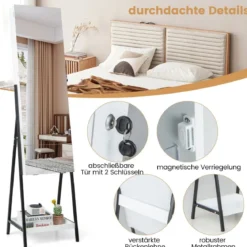 Schmuckschrank mit Spiegel Spiegelschrank abschließbar mit 3 farbigen LED Beleuchten 41 x 35 x 166 cm Weiß