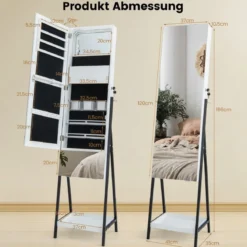 Schmuckschrank mit Spiegel Spiegelschrank abschließbar mit 3 farbigen LED Beleuchten 41 x 35 x 166 cm Weiß