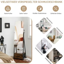 Schmuckschrank mit Spiegel Schmuck Spiegelschrank mit Schublade 42 x 38 x 157 cm Schwarz/Braun/Weiß
