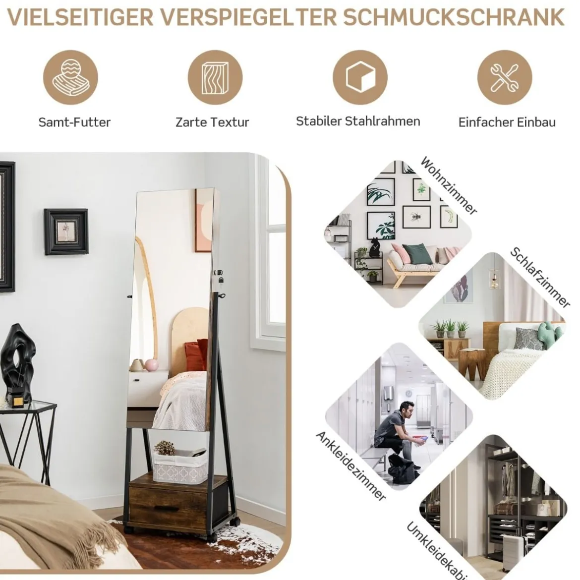 Schmuckschrank mit Spiegel Schmuck Spiegelschrank mit Schublade 42 x 38 x 157 cm Schwarz/Braun/Weiß