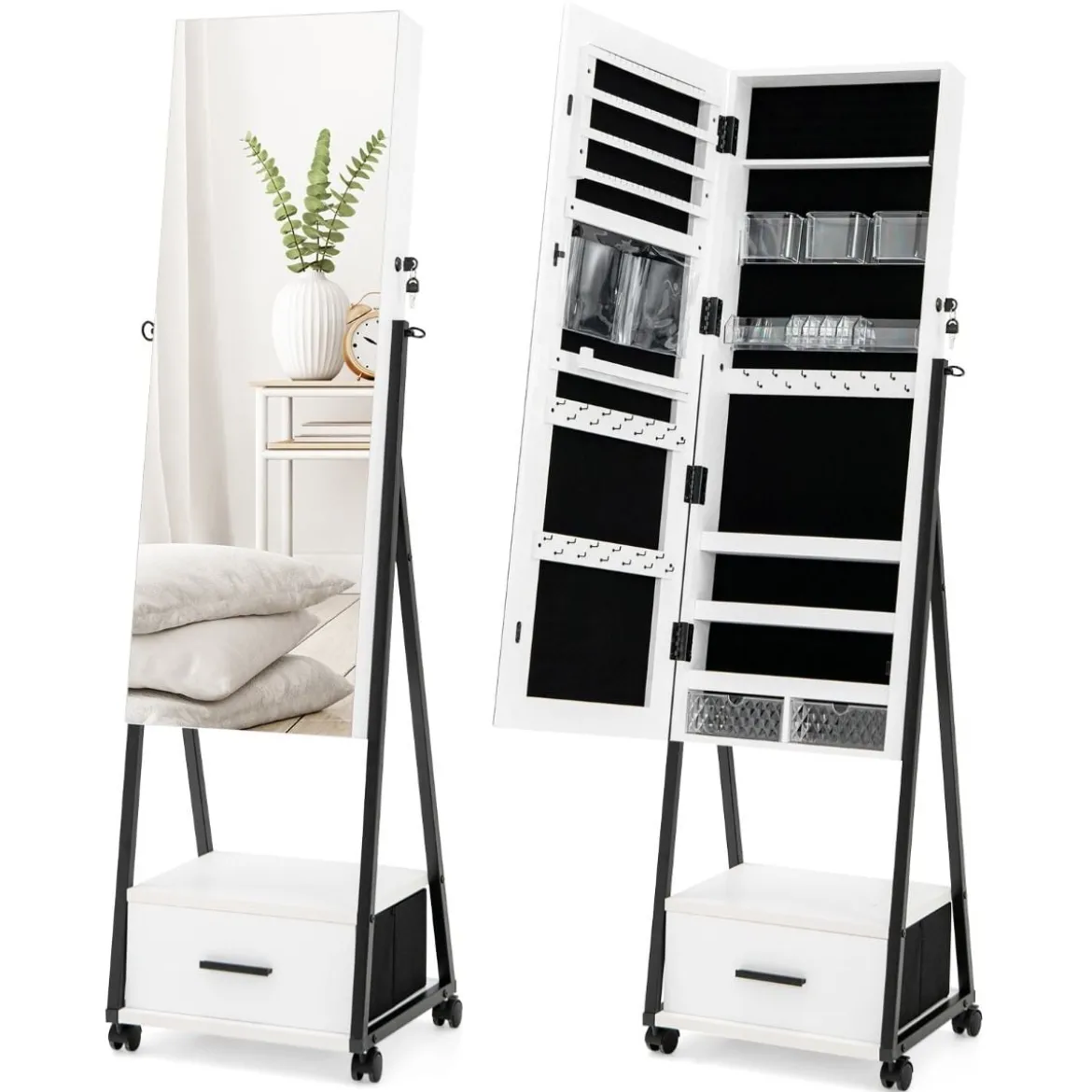 Schmuckschrank mit Spiegel Schmuck Spiegelschrank mit Schublade 42 x 38 x 157 cm Schwarz/Braun/Weiß