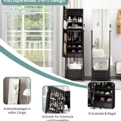 Schmuckschrank mit Spiegel Schmuck Spiegelschrank mit Schublade 42 x 38 x 157 cm Schwarz/Braun/Weiß