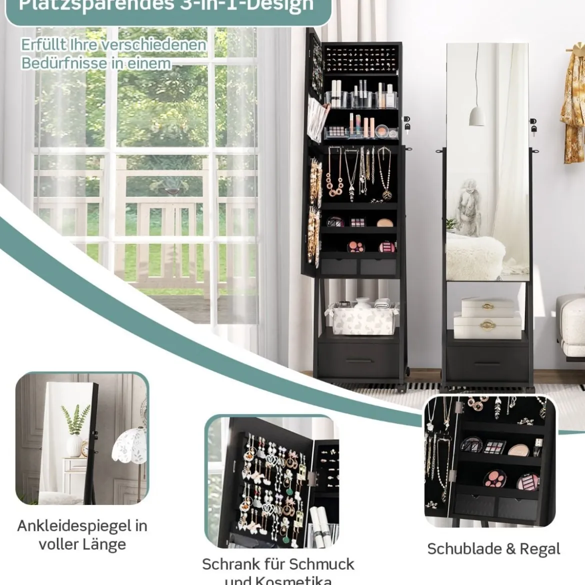 Schmuckschrank mit Spiegel Schmuck Spiegelschrank mit Schublade 42 x 38 x 157 cm Schwarz/Braun/Weiß