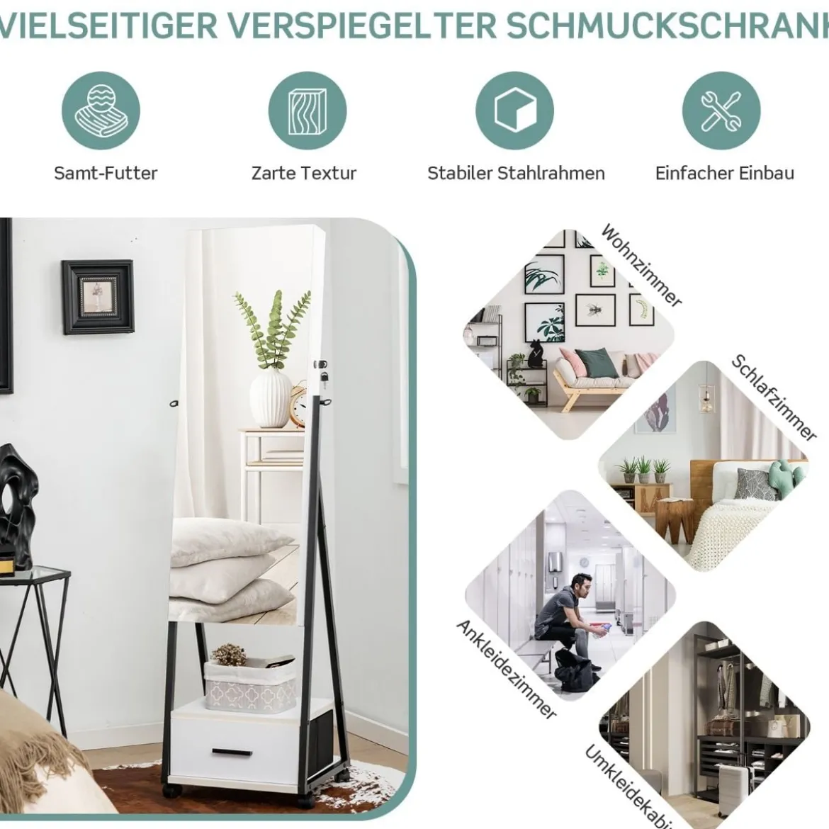 Schmuckschrank mit Spiegel Schmuck Spiegelschrank mit Schublade 42 x 38 x 157 cm Schwarz/Braun/Weiß