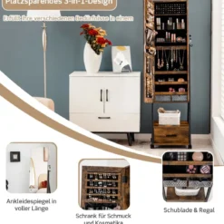 Schmuckschrank mit Spiegel Schmuck Spiegelschrank mit Schublade 42 x 38 x 157 cm Schwarz/Braun/Weiß