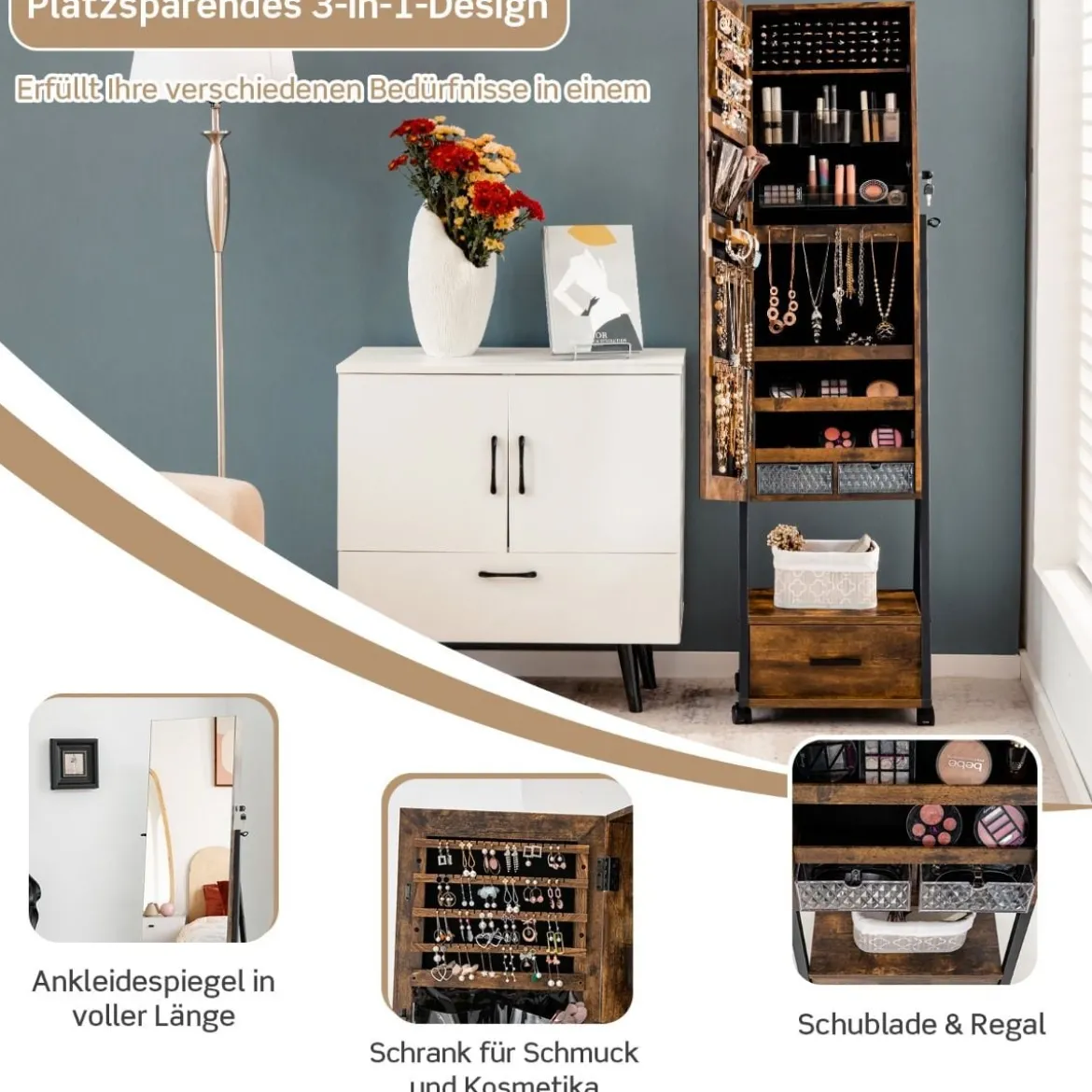 Schmuckschrank mit Spiegel Schmuck Spiegelschrank mit Schublade 42 x 38 x 157 cm Schwarz/Braun/Weiß