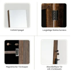 Schmuckschrank mit Spiegel Schmuck Spiegelschrank mit Schublade 42 x 38 x 157 cm Schwarz/Braun/Weiß