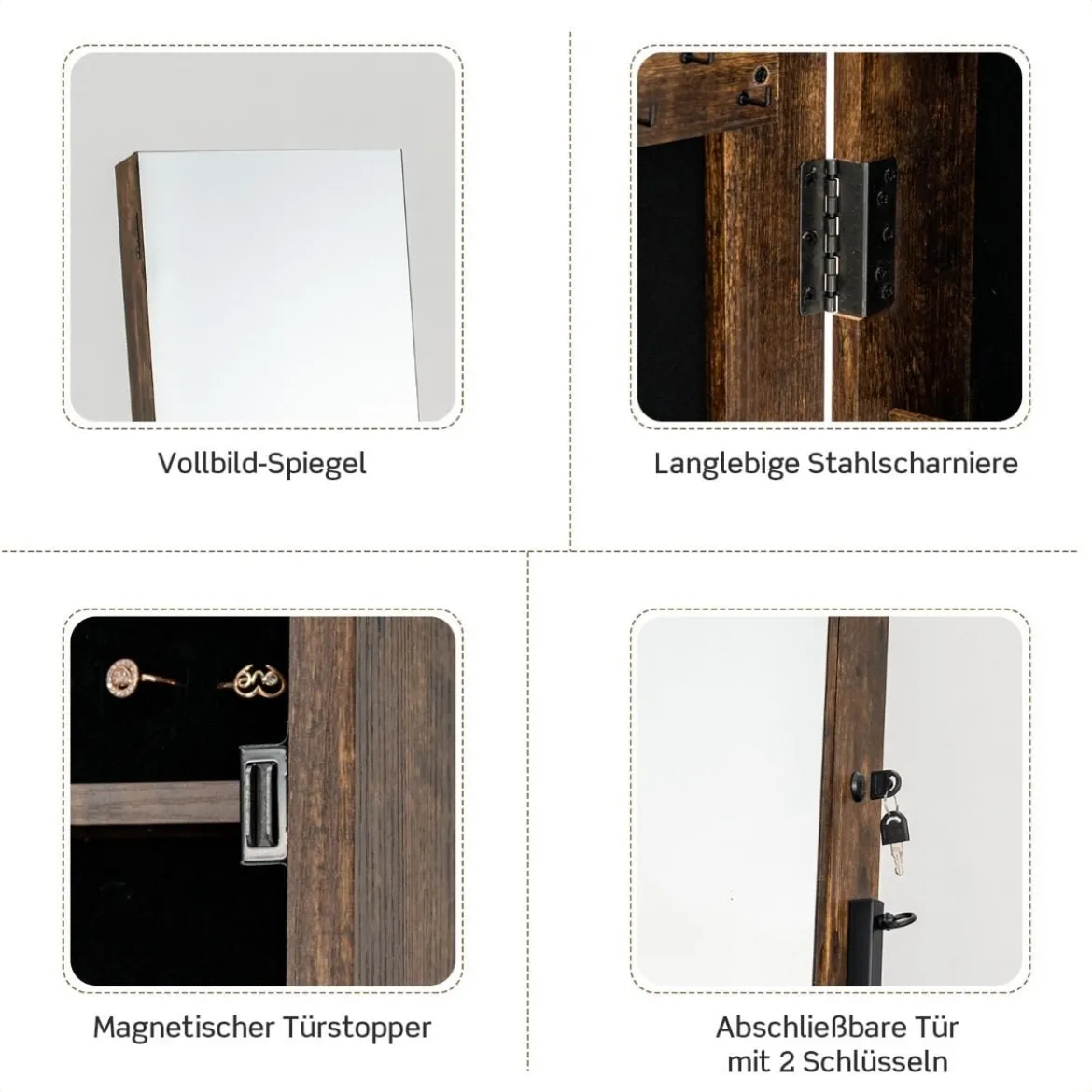 Schmuckschrank mit Spiegel Schmuck Spiegelschrank mit Schublade 42 x 38 x 157 cm Schwarz/Braun/Weiß
