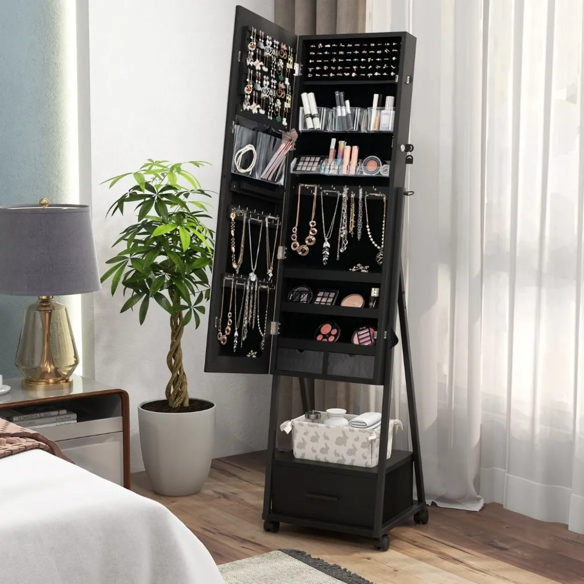 Schmuckschrank mit Spiegel Schmuck Spiegelschrank mit Schublade 42 x 38 x 157 cm Schwarz/Braun/Weiß