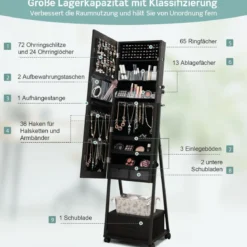 Schmuckschrank mit Spiegel Schmuck Spiegelschrank mit Schublade 42 x 38 x 157 cm Schwarz/Braun/Weiß