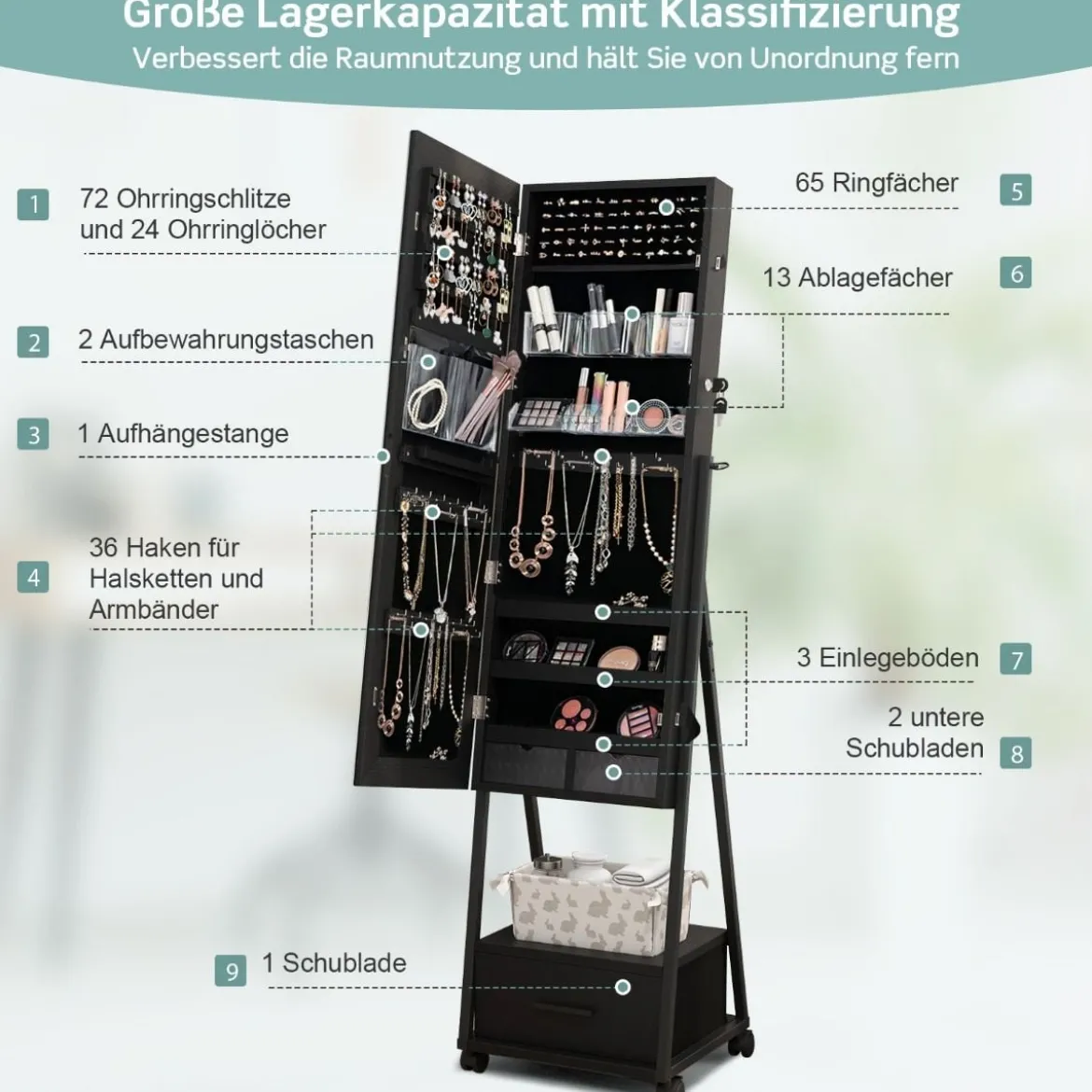 Schmuckschrank mit Spiegel Schmuck Spiegelschrank mit Schublade 42 x 38 x 157 cm Schwarz/Braun/Weiß