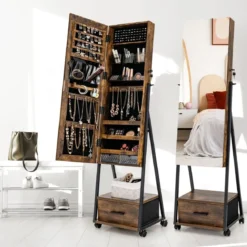Schmuckschrank mit Spiegel Schmuck Spiegelschrank mit Schublade 42 x 38 x 157 cm Schwarz/Braun/Weiß