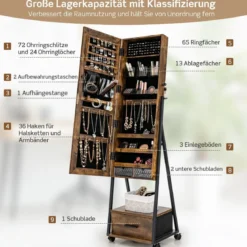 Schmuckschrank mit Spiegel Schmuck Spiegelschrank mit Schublade 42 x 38 x 157 cm Schwarz/Braun/Weiß