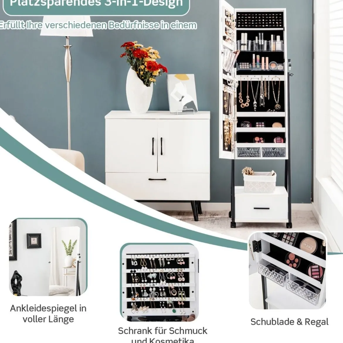 Schmuckschrank mit Spiegel Schmuck Spiegelschrank mit Schublade 42 x 38 x 157 cm Schwarz/Braun/Weiß
